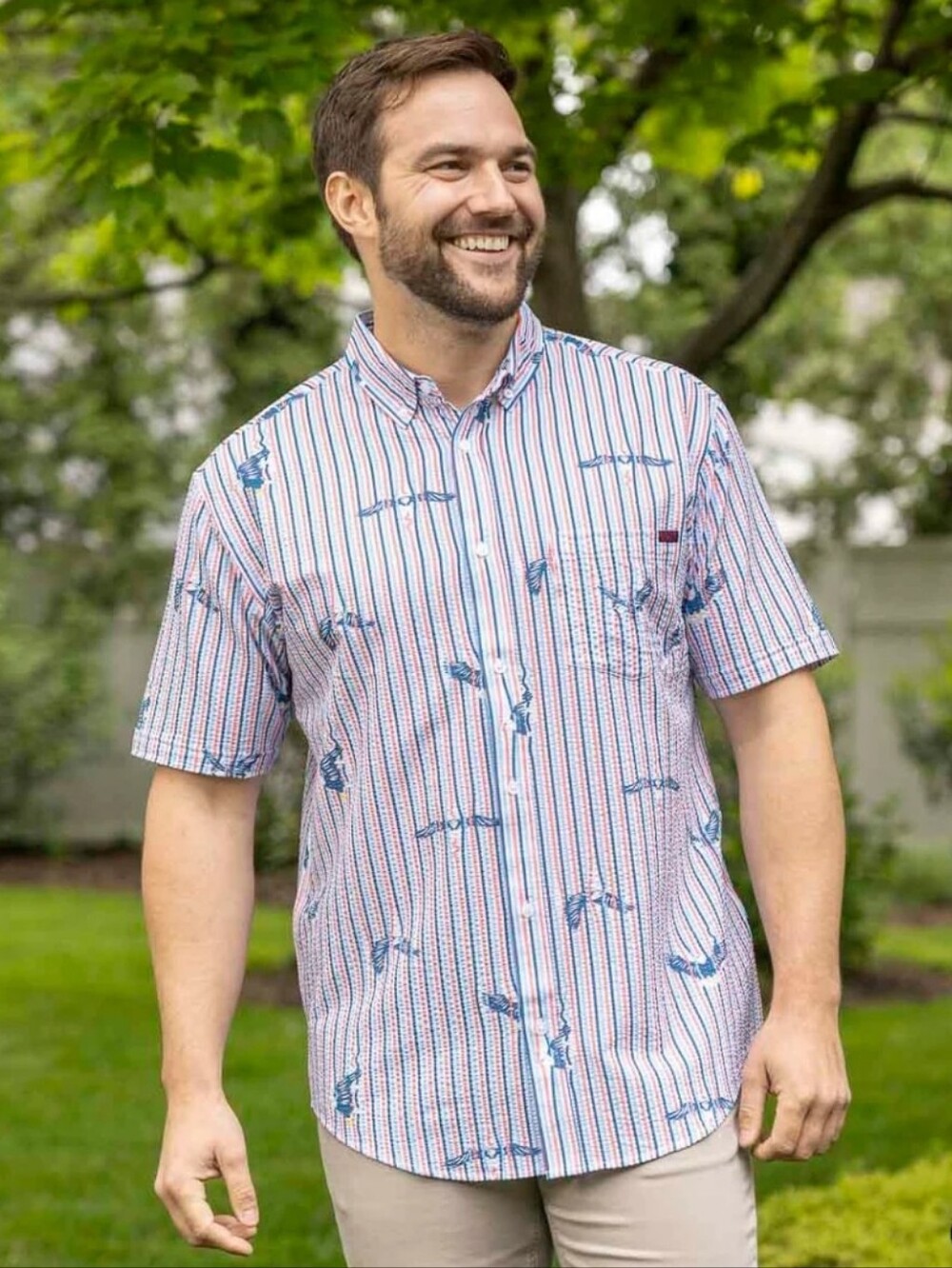 RSVLTS America's Got Talons Stretch Seersucker Short Sleeve Shirt Mens Large NWT